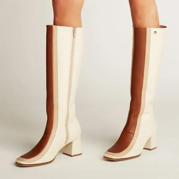 70s Revival Leather Colorblock Knee-High Heeled Boots - Picture 7 of 15